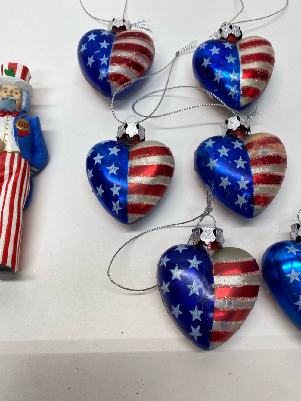 Patriotic Heart Ornament Set of 8 1 Uncle Sam Nutcracker Ornament Americana 4th - Picture 5 of 15